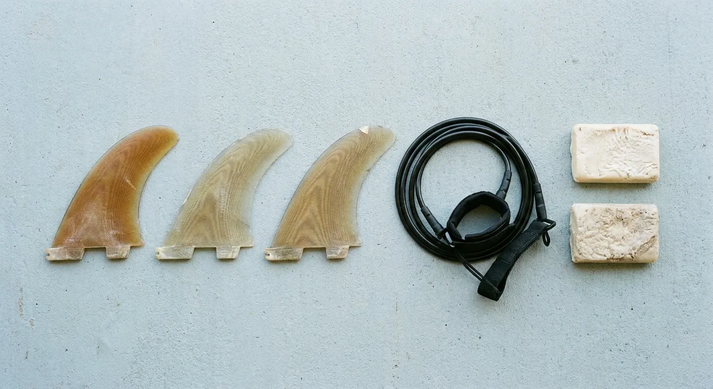 Fins, a leash and blocks of wax laid out on the counter