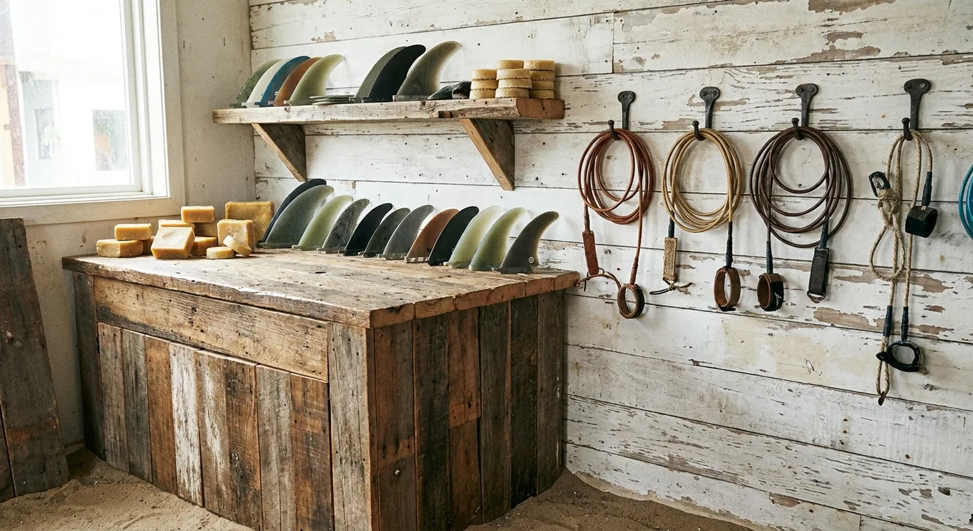 Fins, wax and leashes on the shelf behind the counter