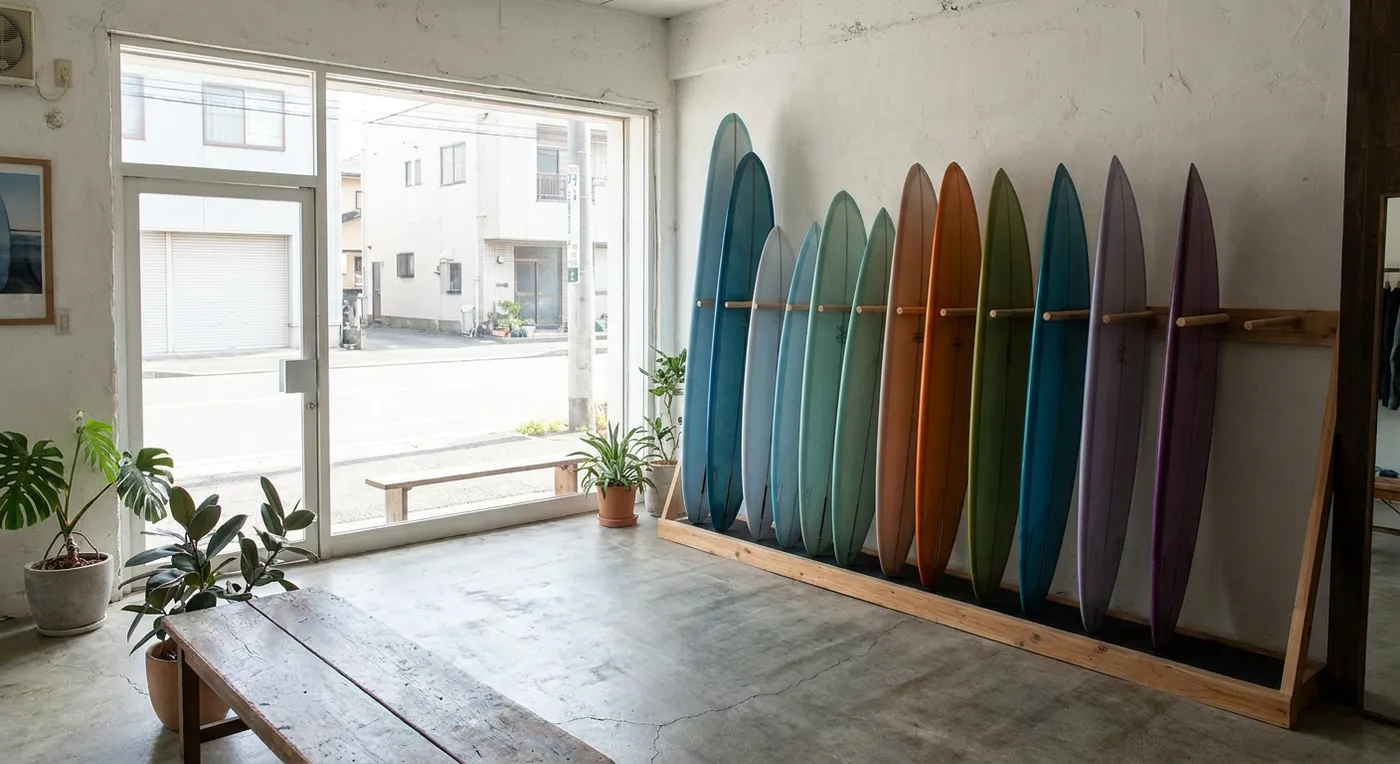 The board rack along the wall of the shop